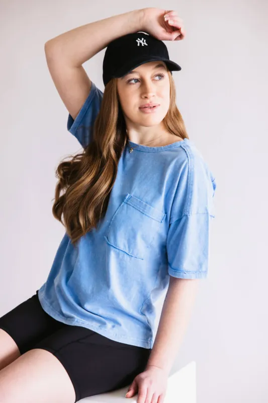 Mineral Wash Pocket T-Shirt for Women in Blue | NT11108-BLUE sold by Glik’s
