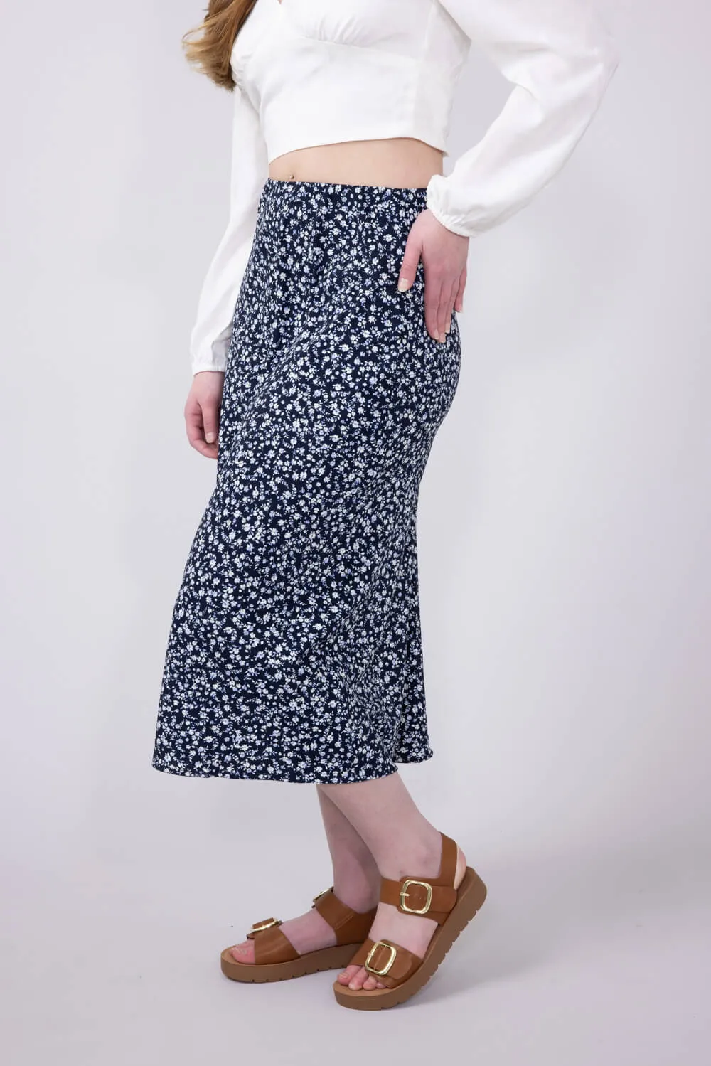Be Cool Ditsy Floral Midi Skirt for Women in Navy | 71063-NAVY sold by Glik’s product image thumbnail 2