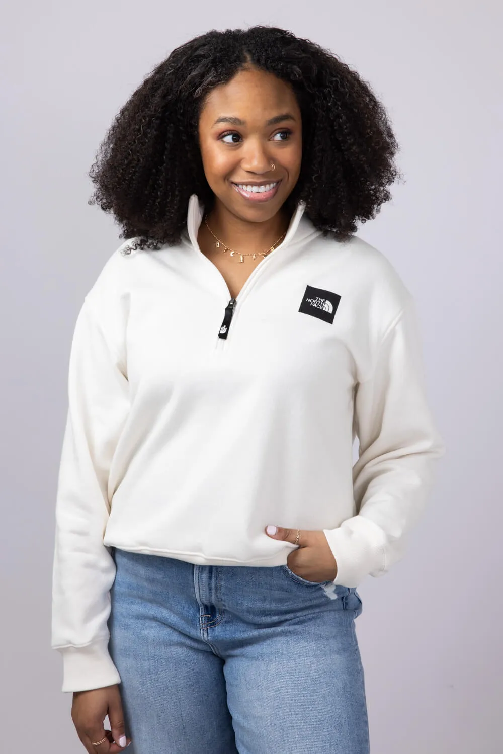 The North Face Box Half Dome Quarter Zip for Women in White Dune | NF0A8B7V-QLI sold by Glik’s