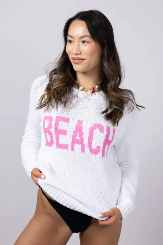Beach Crewneck Sweater for Women in White/Pink | V2406-WHITEPINK sold by Glik’s