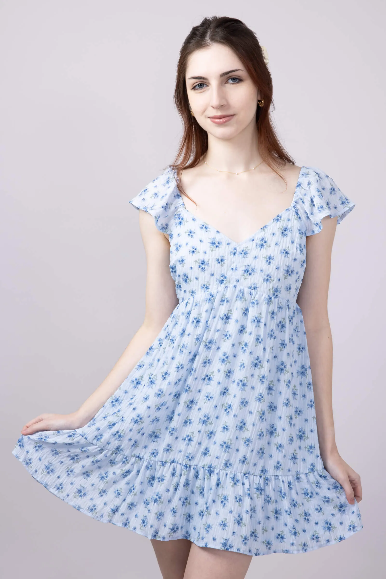 Floral Flutter Sleeve Dress for Women in Sky Blue | VD33896-SKY sold by Glik’s