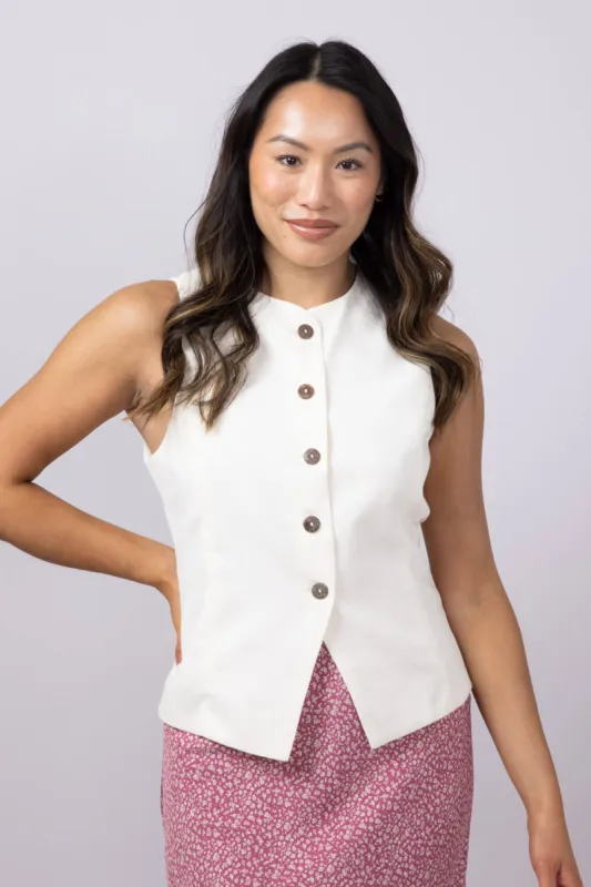 High Neck Button Up Vest for Women in Natural | MT1661-NATURAL sold by Glik’s