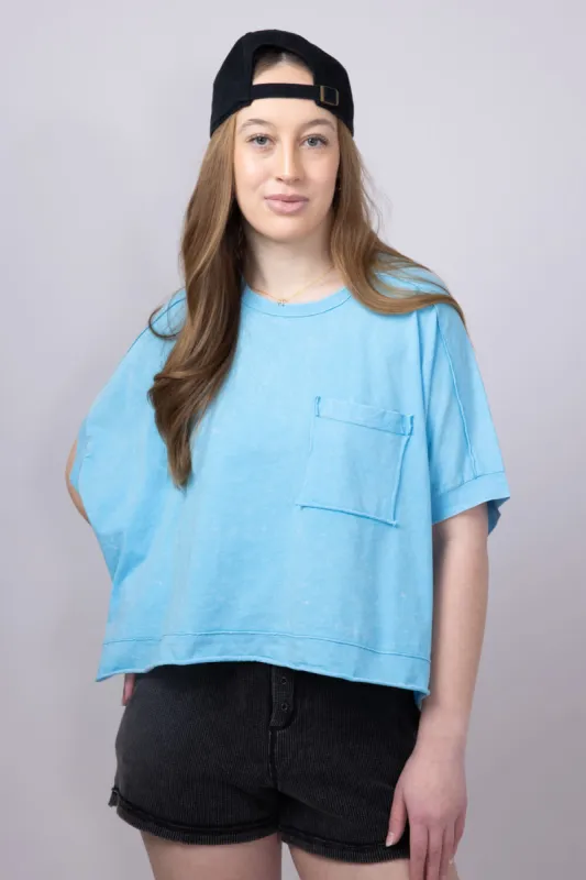 Oversized Cropped Mineral Wash Knit Top for Women in Aqua Blue | NT11429-AQUABLUE sold by Glik’s