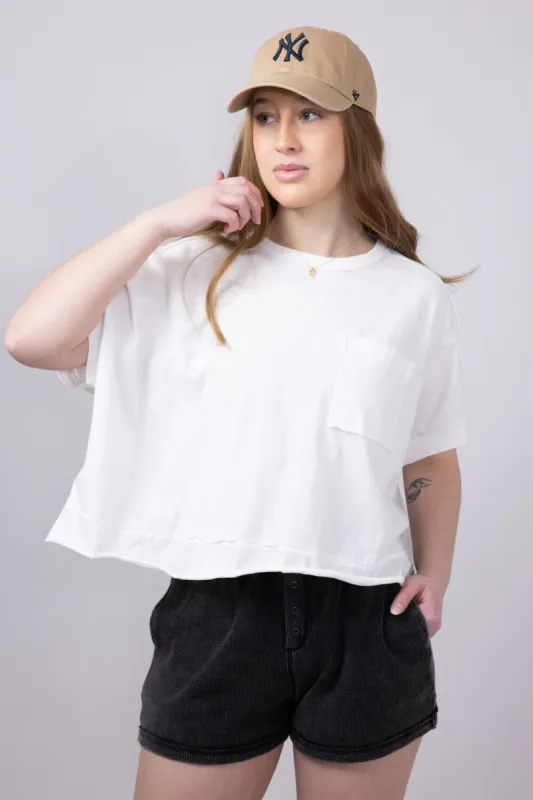 Oversized Cropped Mineral Wash Knit T-Shirt for Women in White | NT11429-WHITE sold by Glik’s