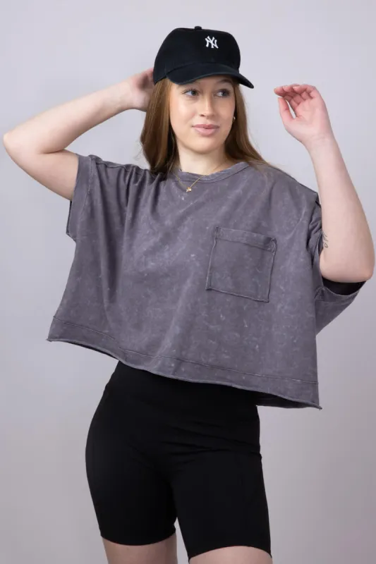 Oversized Cropped Mineral Wash Knit T-Shirt for Women in Black | NT11429-BLACK sold by Glik’s