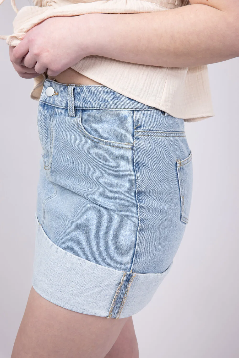 High Rise Cuffed Denim Mini Skirt for Women | IS4725-WASHEDDENIM sold by Glik’s product image thumbnail 4