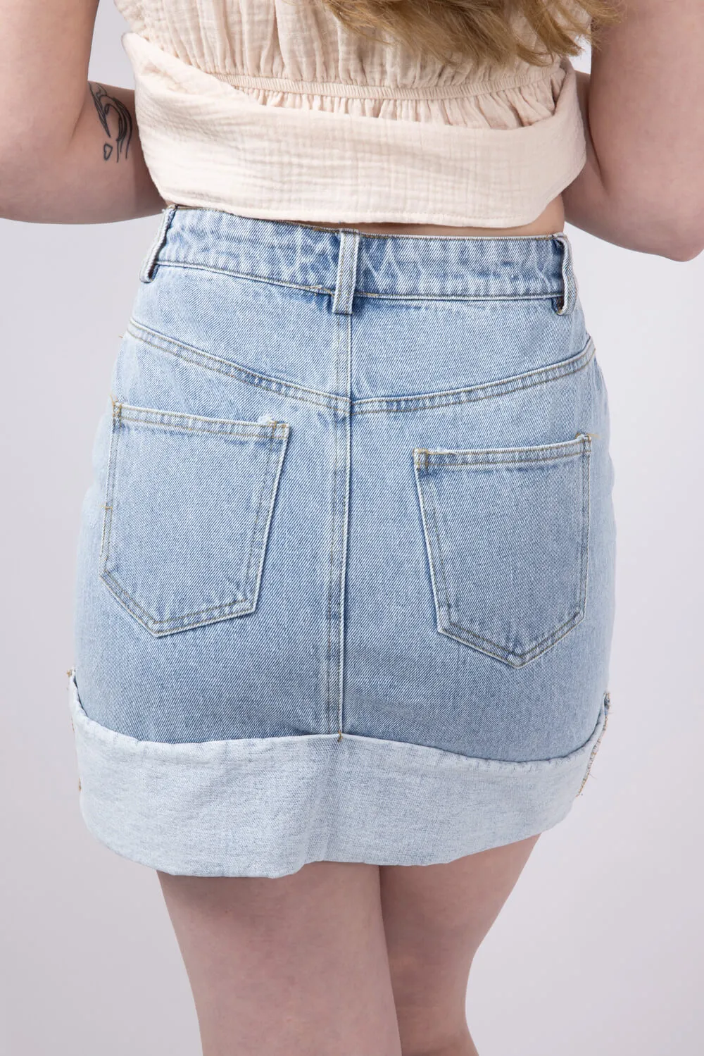 High Rise Cuffed Denim Mini Skirt for Women | IS4725-WASHEDDENIM sold by Glik’s product image thumbnail 2