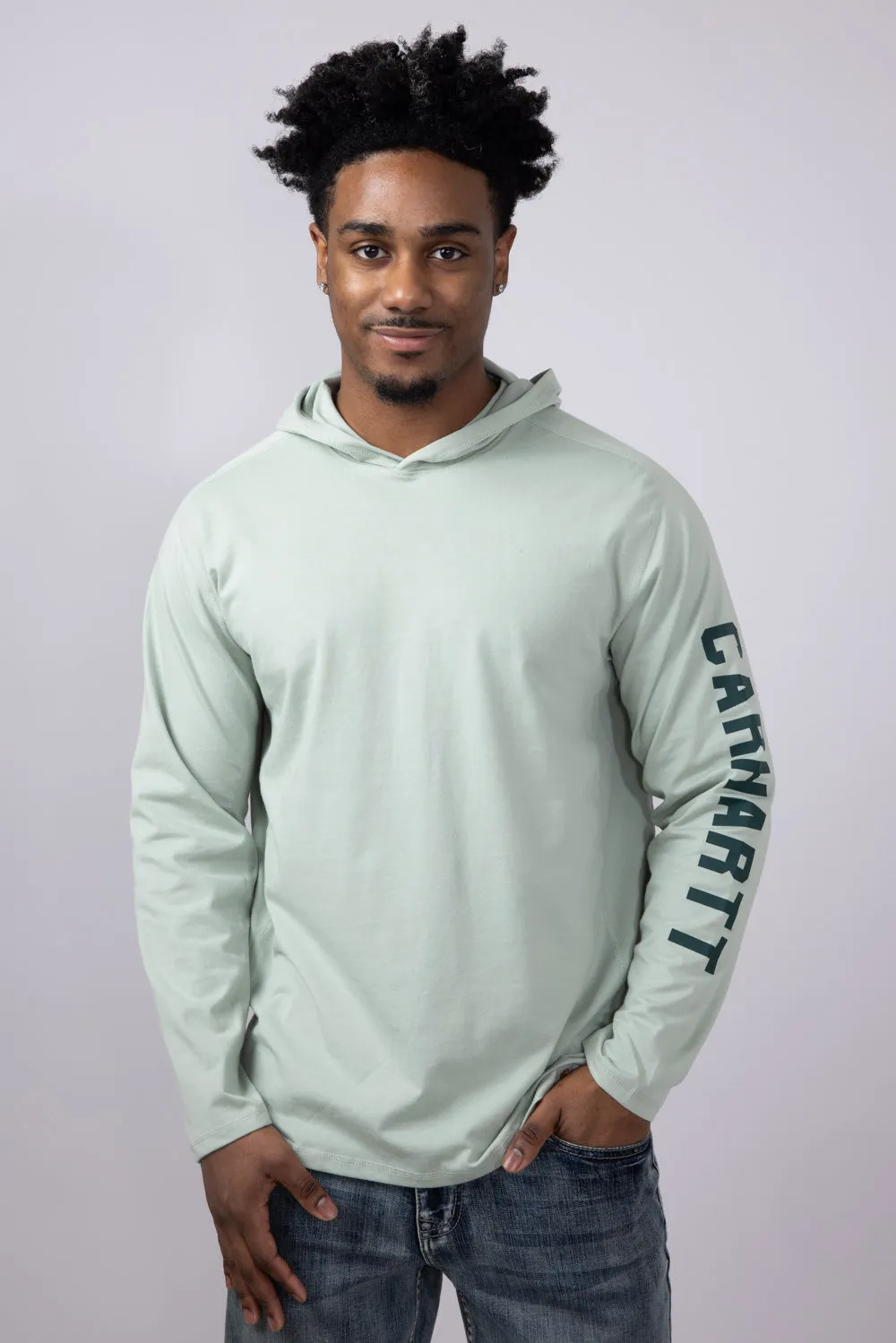Carhartt Force Relaxed Fit Midweight Long Sleeve Logo Hooded T-Shirt for Men in Sage | 106654-G17-SAGE sold by Glik’s