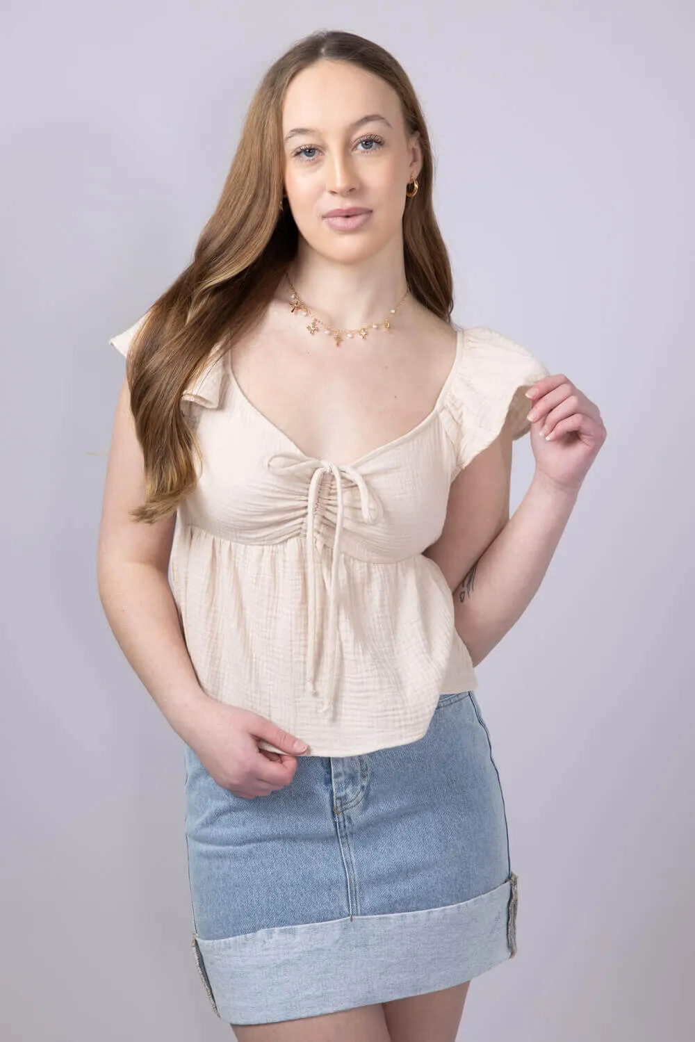 Front Ruched Tie Waist Gauze Top for Women in Natural | NT31187-NATURAL sold by Glik’s