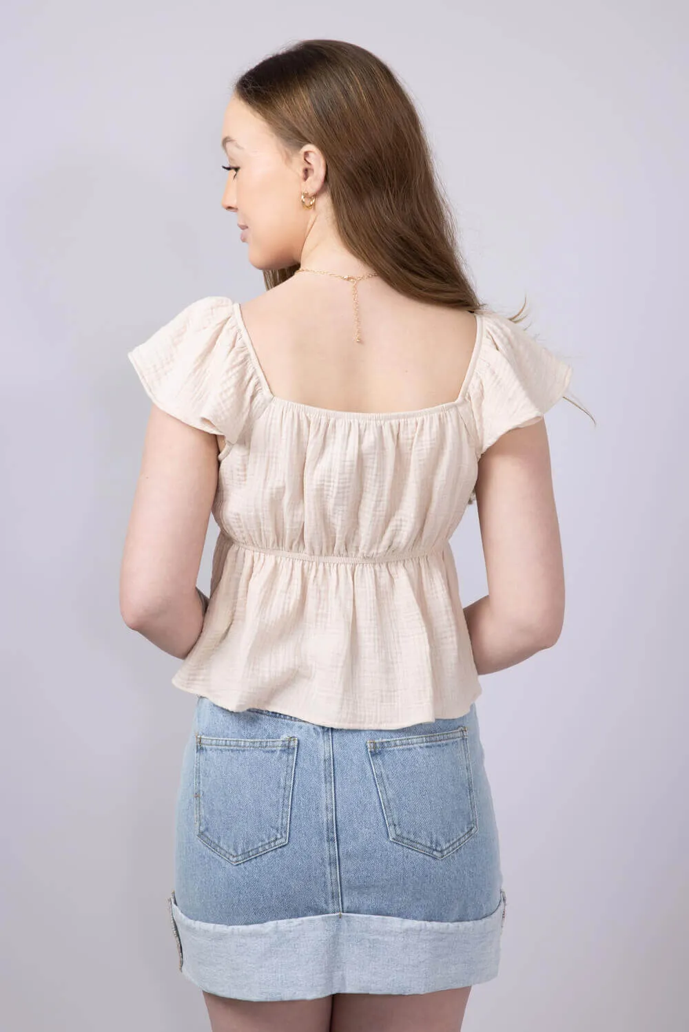 Front Ruched Tie Waist Gauze Top for Women in Natural | NT31187-NATURAL sold by Glik’s product image thumbnail 2
