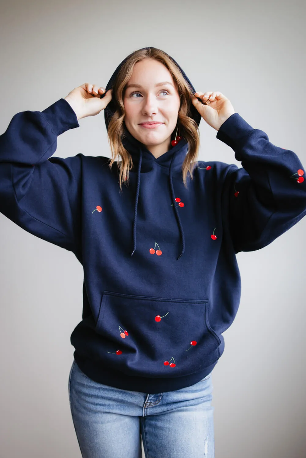 1897 Active Embroidered All Over Print Cherry Hoodie for Women in Navy | JT031-DEEPNAVY sold by Glik’s