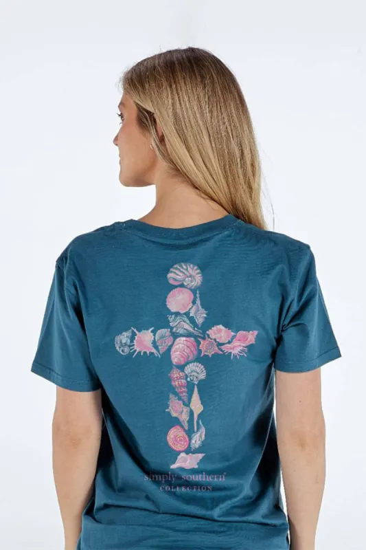 Simply Southern Shell Cross T-Shirt for Women in Comet Blue | SS-SHELLCROSS-COMET sold by Glik’s