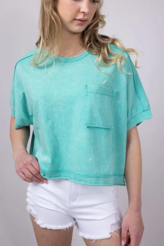Oversized Cropped Mineral Wash Knit T-Shirt for Women in Paradise Green | NT11429-PARADISEGREEN made by Very J