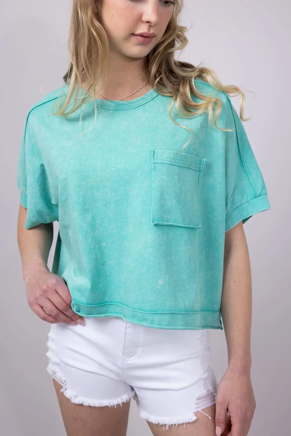 Oversized Cropped Mineral Wash Knit T-Shirt for Women in Paradise Green | NT11429-PARADISEGREEN sold by Glik’s