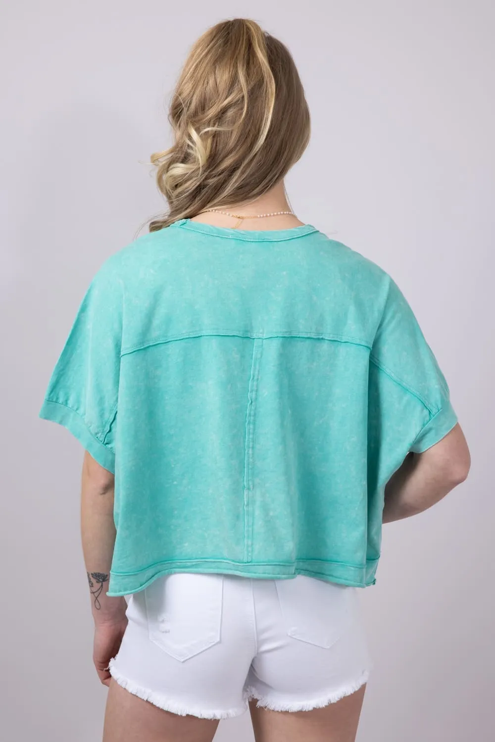 Oversized Cropped Mineral Wash Knit T-Shirt for Women in Paradise Green | NT11429-PARADISEGREEN sold by Glik’s product image thumbnail 3