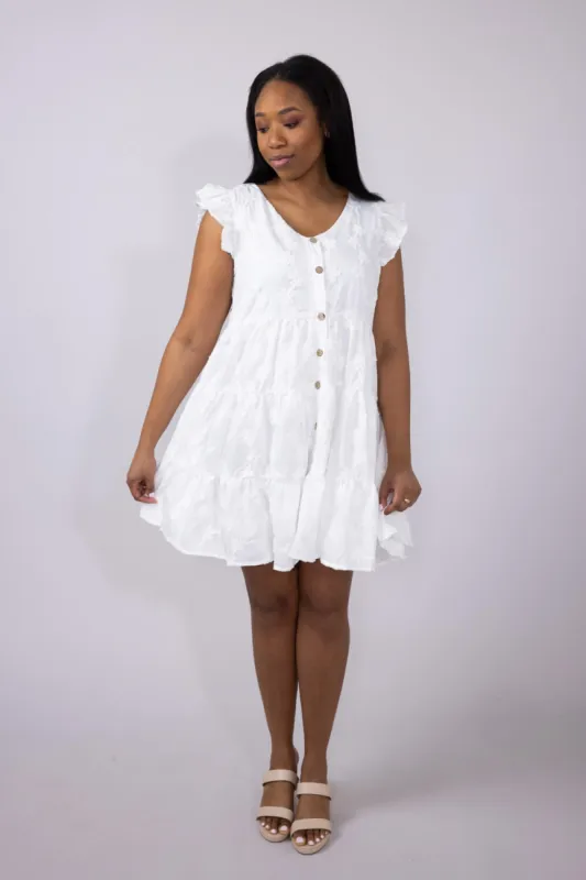 Textured Floral Button Tiered Dress for Women in White | HY7990-WHT sold by Glik’s