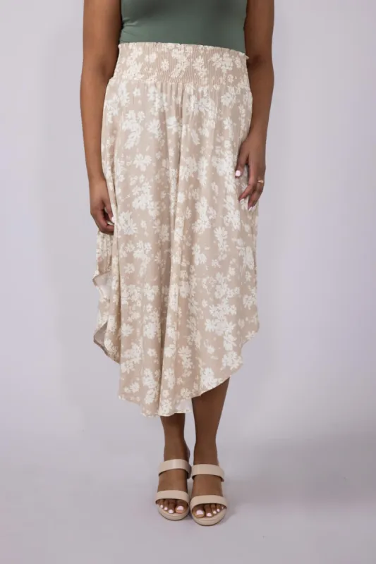 Ditsy Floral Hi-Low Midi Skirt for Women in White Taupe | VNS16762Q6-TAUPEWHITE sold by Glik’s