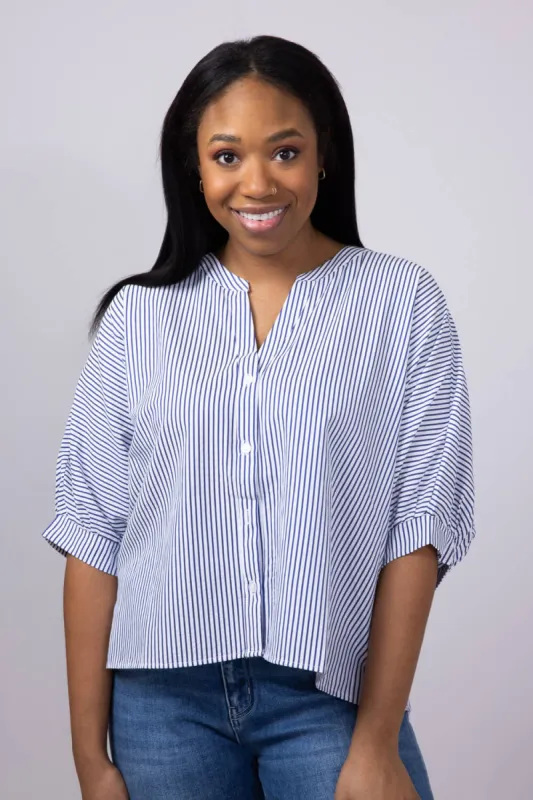 Pinstripe Split Neck Button Front Top for Women in Navy | AT8201-NVY sold by Glik’s