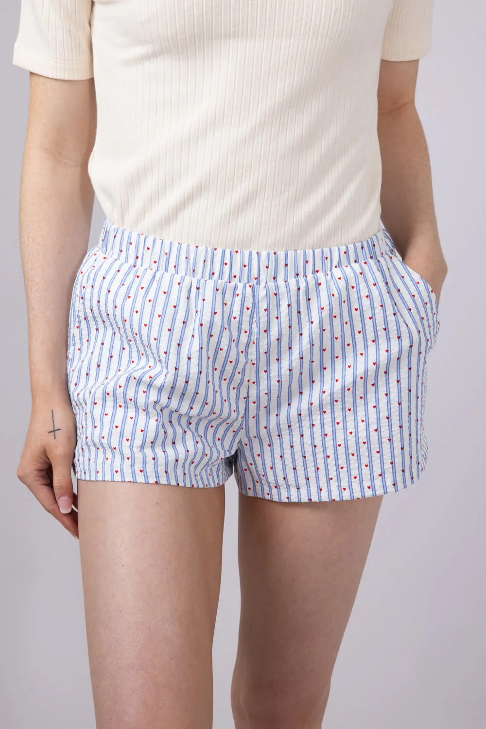 Heart Stripe Boxer Shorts for Women in White/Blue | SP2846-WHITE-BLUESTRIPE sold by Glik’s