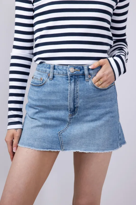 Mica High Rise Raw Hem Denim Mini Skirt for Women | MDP-K3478 sold by Glik’s