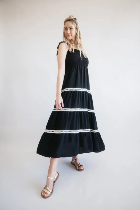 Lace Trim Tiered Smocked Bodice Maxi Dress for Women in Black | MAD2703-BLK sold by Glik’s
