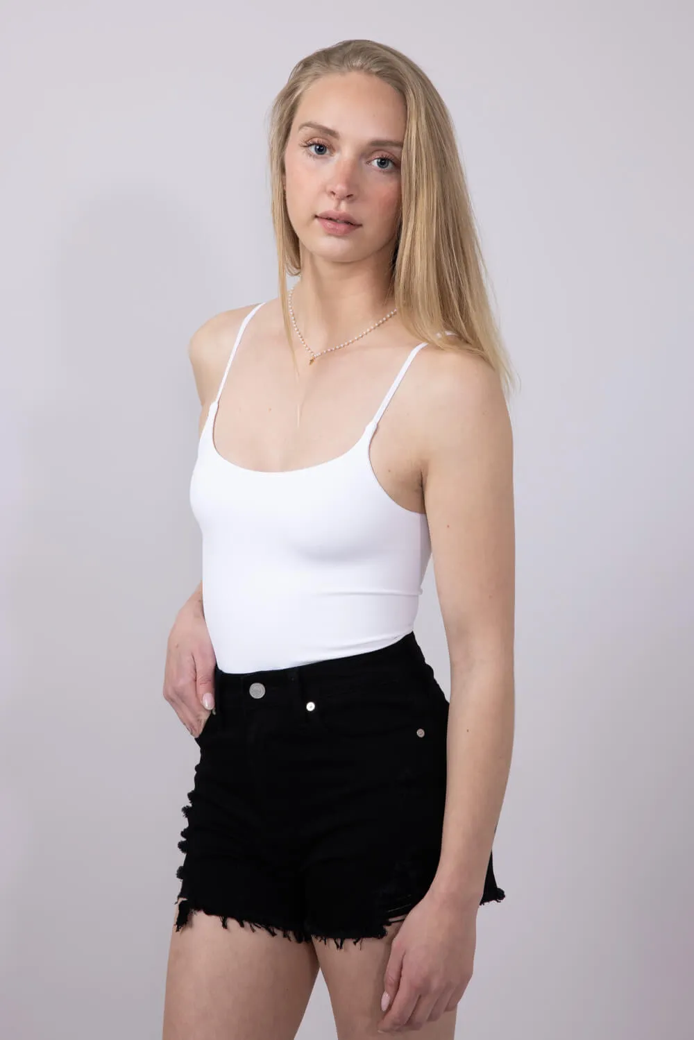 Double-Knit Spaghetti Strap Bodysuit for Women in White | S1196-WHITE sold by Glik’s