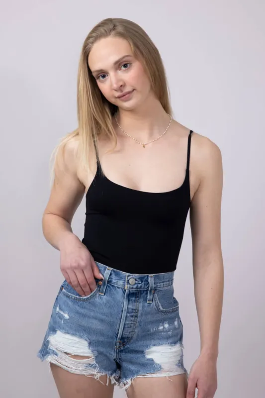 Double-Knit Spaghetti Strap Bodysuit for Women in Black | S1196-BLACK sold by Glik’s