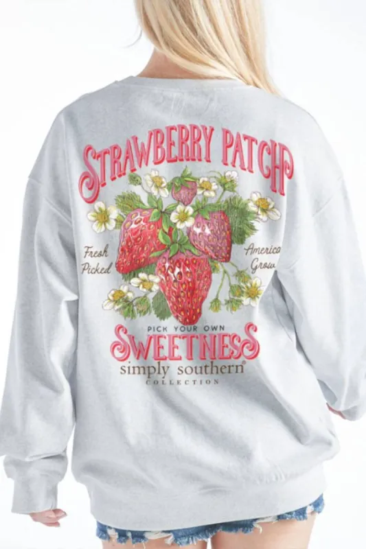 Simply Southern Strawberry Patch Fleece Sweatshirt for Women in Grey | CREW-PATCH-FLURRY sold by Glik’s