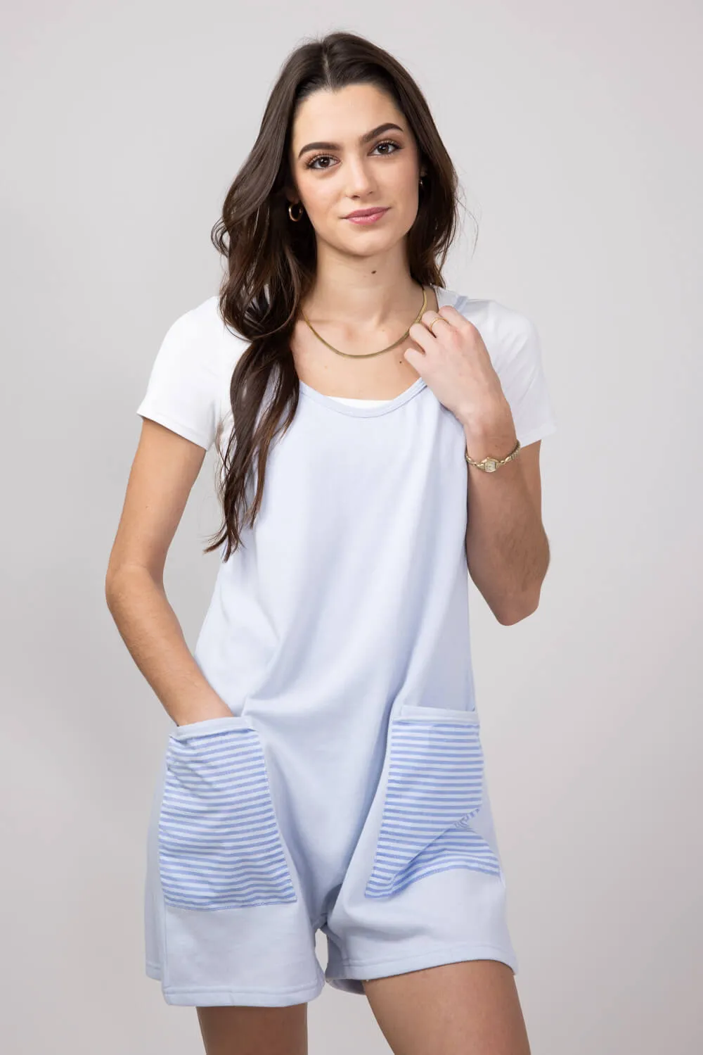 Illa Illa Striped Patch Romper for Women in Light Blue | IM8061-LIGHTBLUE sold by Glik’s