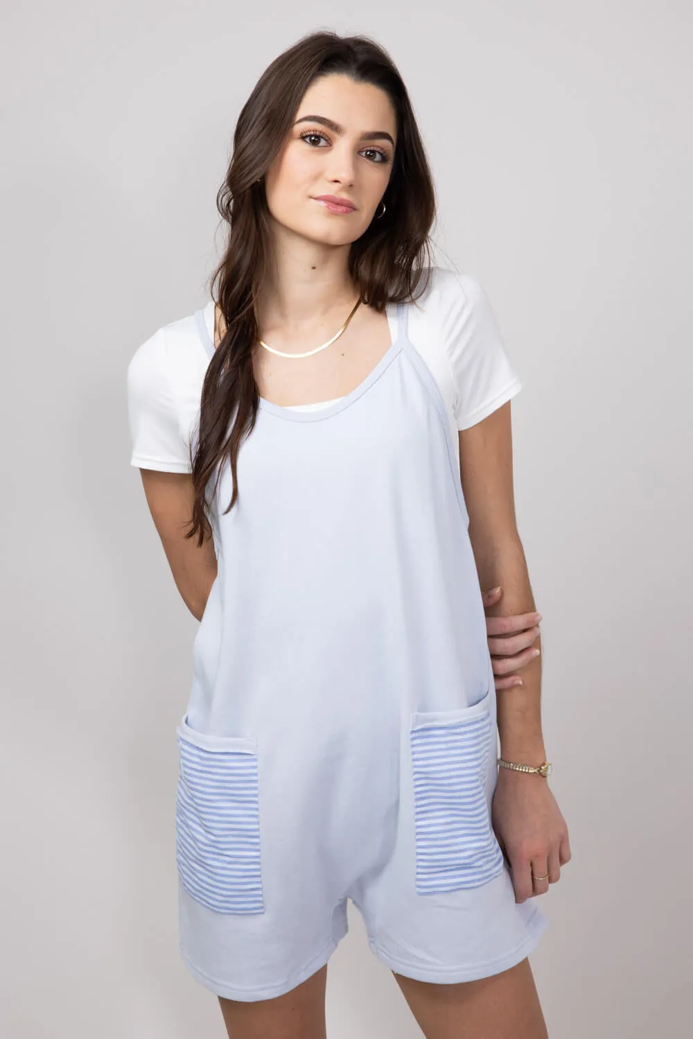 Illa Illa Striped Patch Romper for Women in Light Blue | IM8061-LIGHTBLUE sold by Glik’s product image thumbnail 5