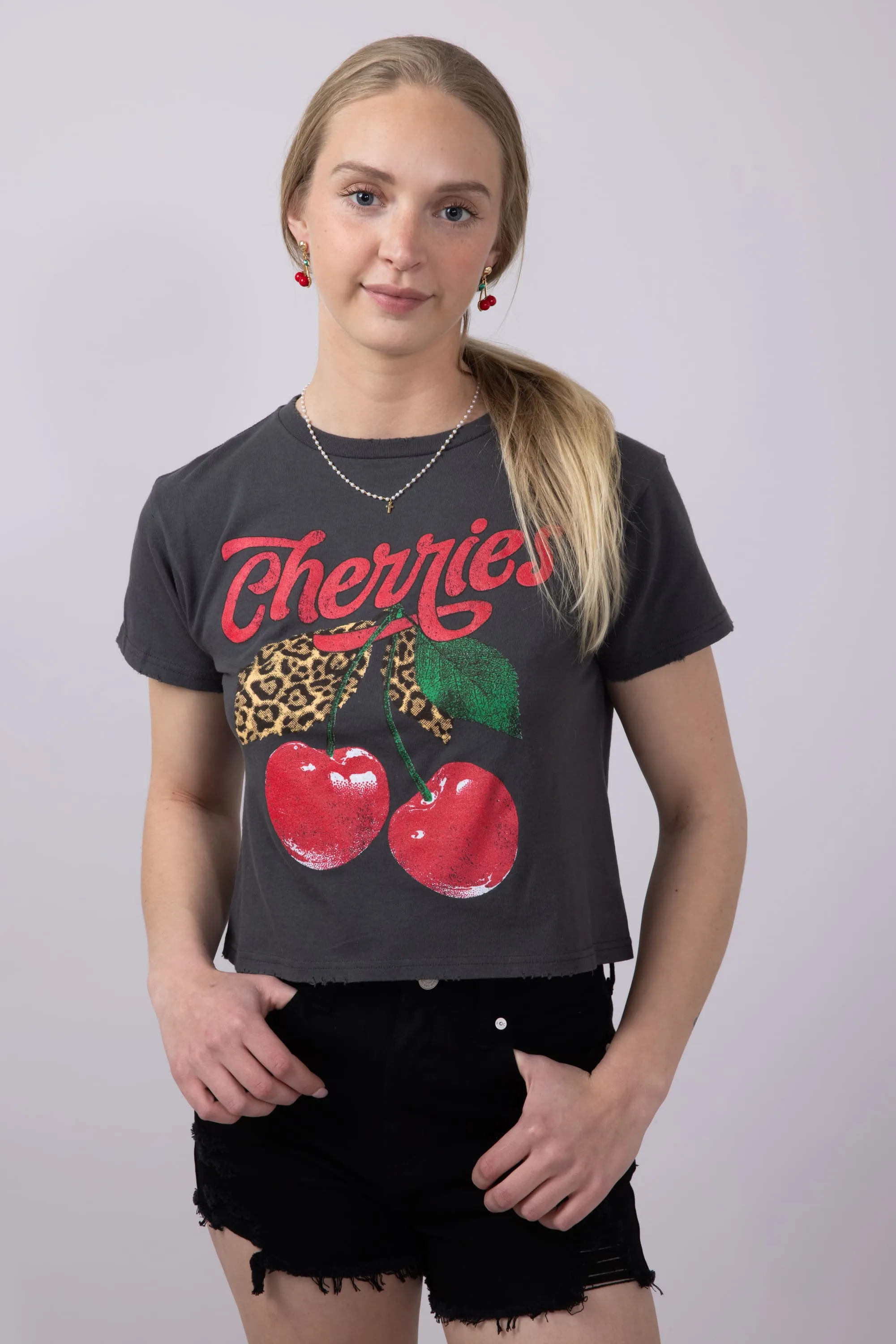 Cherries Leopard Graphic T-Shirt for Women in Grey Black | K9377-2473-BLACK sold by Glik’s
