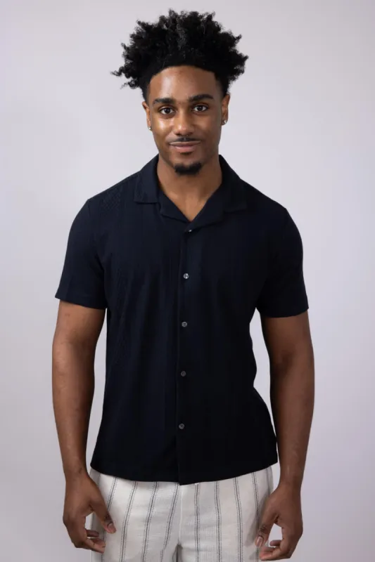 Denim & Flower Textured Knit Button-Down Shirt for Men in Black | KWS-B532 sold by Glik’s