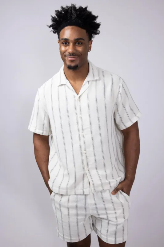 Denim & Flower Textured Striped Button Up Shirt for Men in Off White | KWS-B530 sold by Glik’s