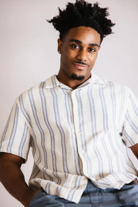 Denim & Flower Textured Striped Button Up Shirt for Men in Blue/Off White | KWS-B536 sold by Glik’s
