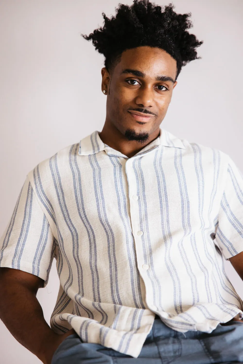 Denim & Flower Textured Striped Button Up Shirt for Men in Off-White/Blue Stripe | KWS-B536 sold by Glik’s