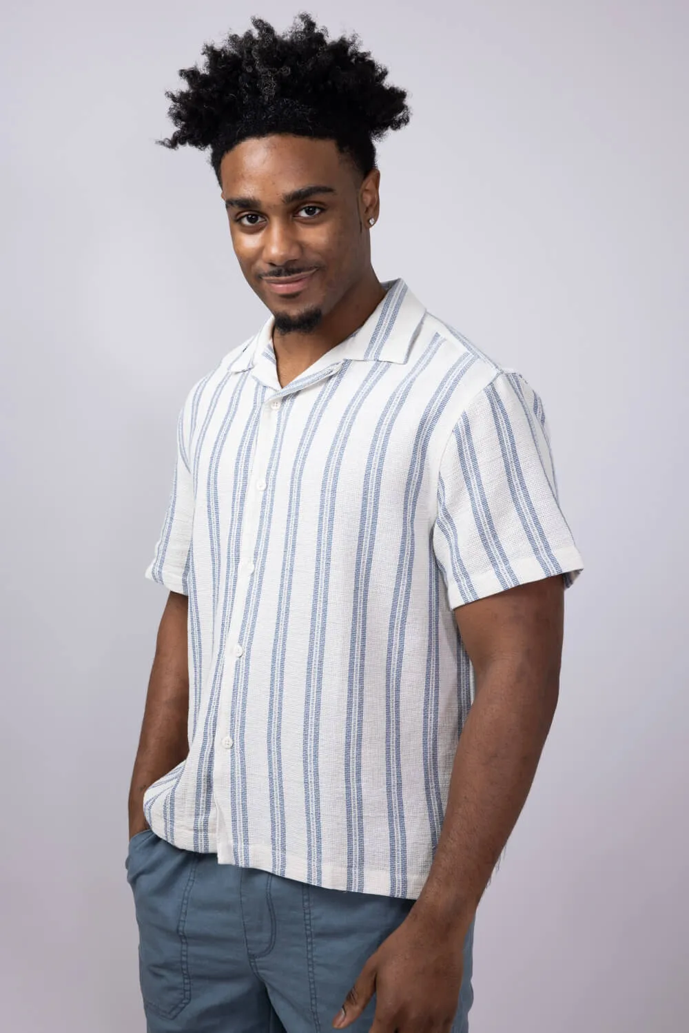 Denim & Flower Textured Striped Button Up Shirt for Men in Off-White/Blue Stripe | KWS-B536 sold by Glik’s product image thumbnail 4