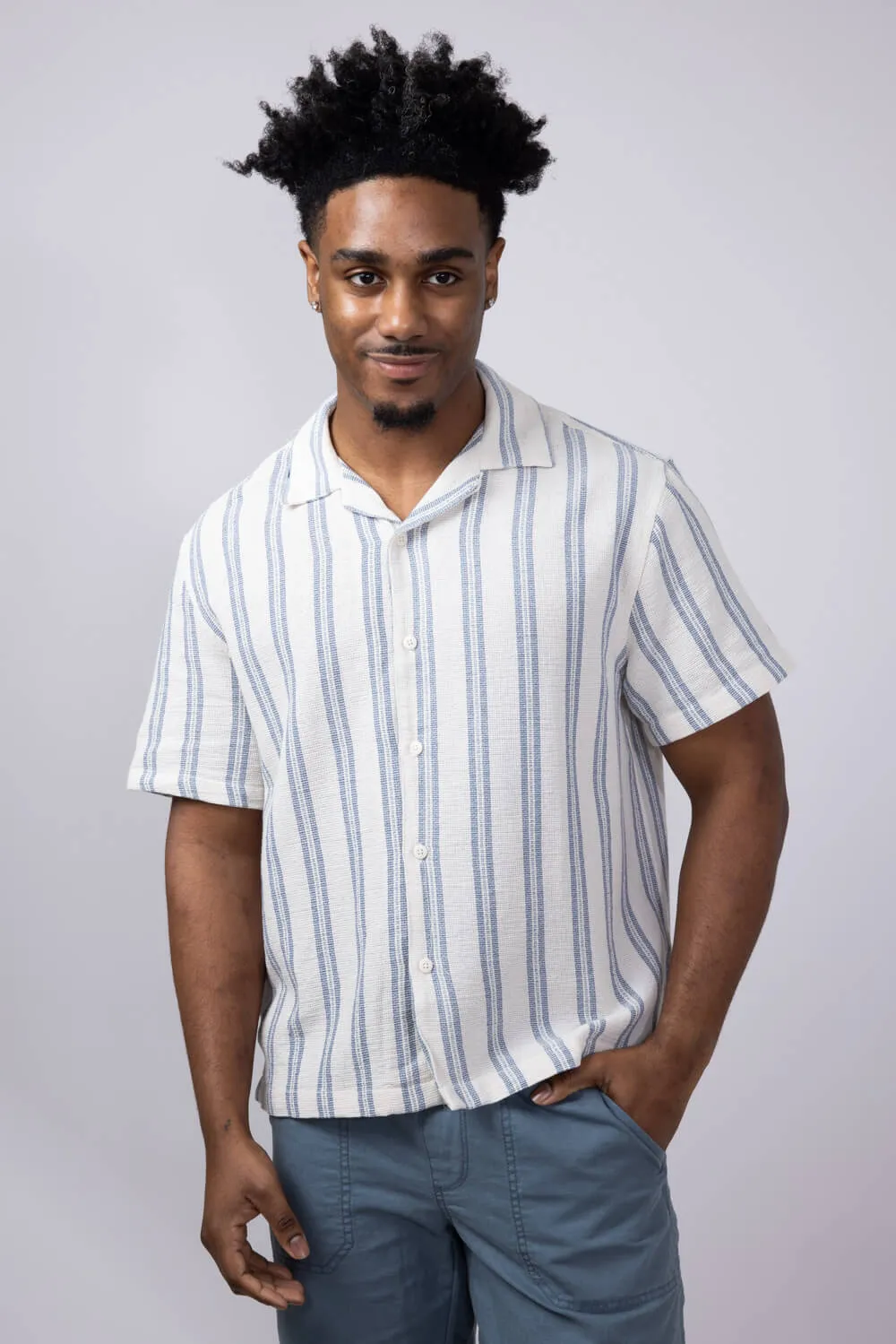 Denim & Flower Textured Striped Button Up Shirt for Men in Off-White/Blue Stripe | KWS-B536 sold by Glik’s product image thumbnail 2