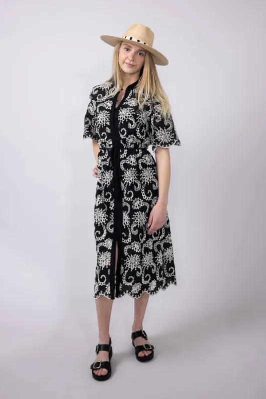 Eyelet Button Front Midi Dress for Women in Black/White | TD-10006-6-BLKWHT sold by Glik’s