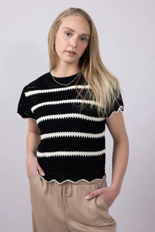 La Miel Scalloped Edge Striped Crochet Knit Short Sleeve Sweater for Women in Black/Cream | MDS3603-OREO sold by Glik’s