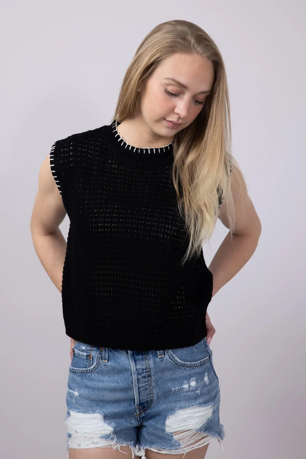 La Miel Crochet Knit Sleeveless Sweater for Women in Black | MDS3597-ONYX sold by Glik’s product image thumbnail 2