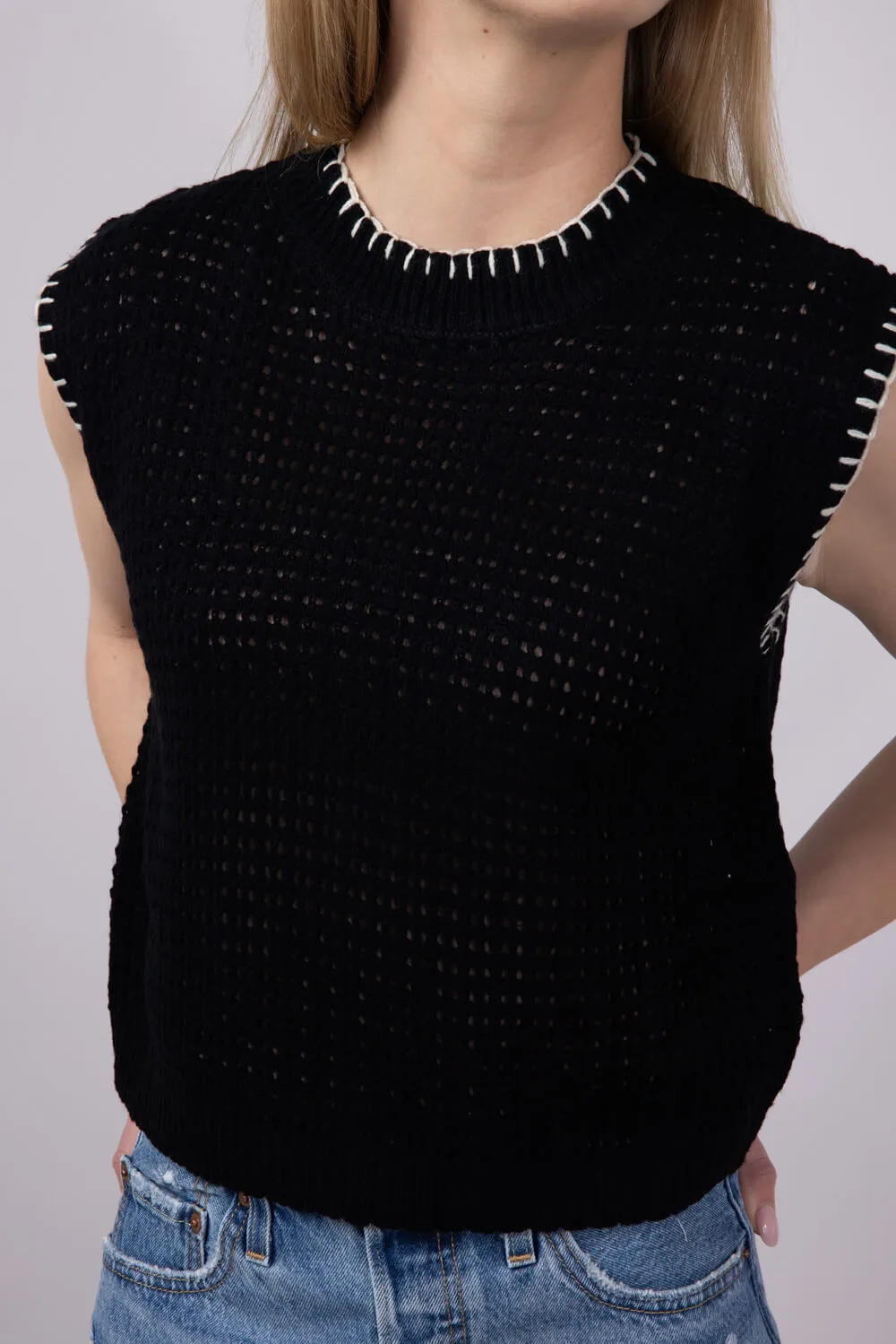 La Miel Crochet Knit Sleeveless Sweater for Women in Black | MDS3597-ONYX sold by Glik’s product image thumbnail 3