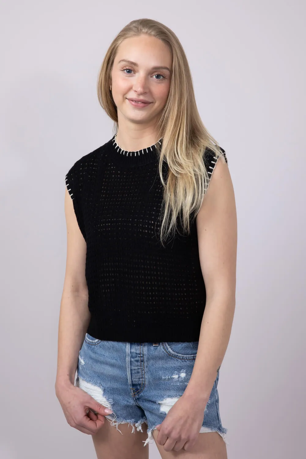 La Miel Crochet Knit Sleeveless Sweater for Women in Black | MDS3597-ONYX sold by Glik’s