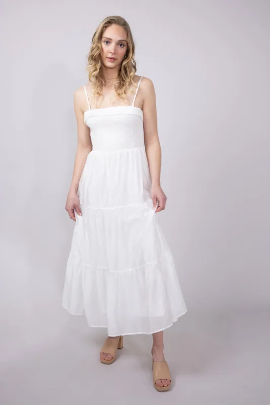 Smocked Bodice Tiered Maxi Dress for Women in White | AD8422-WHT sold by Glik’s