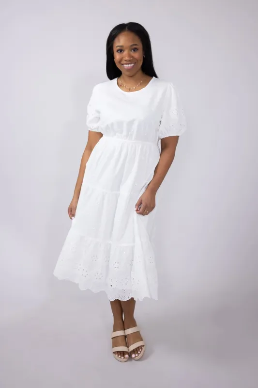 Embroidered Eyelet Tiered Midi Dress for Women in White | ID49019-WHT sold by Glik’s