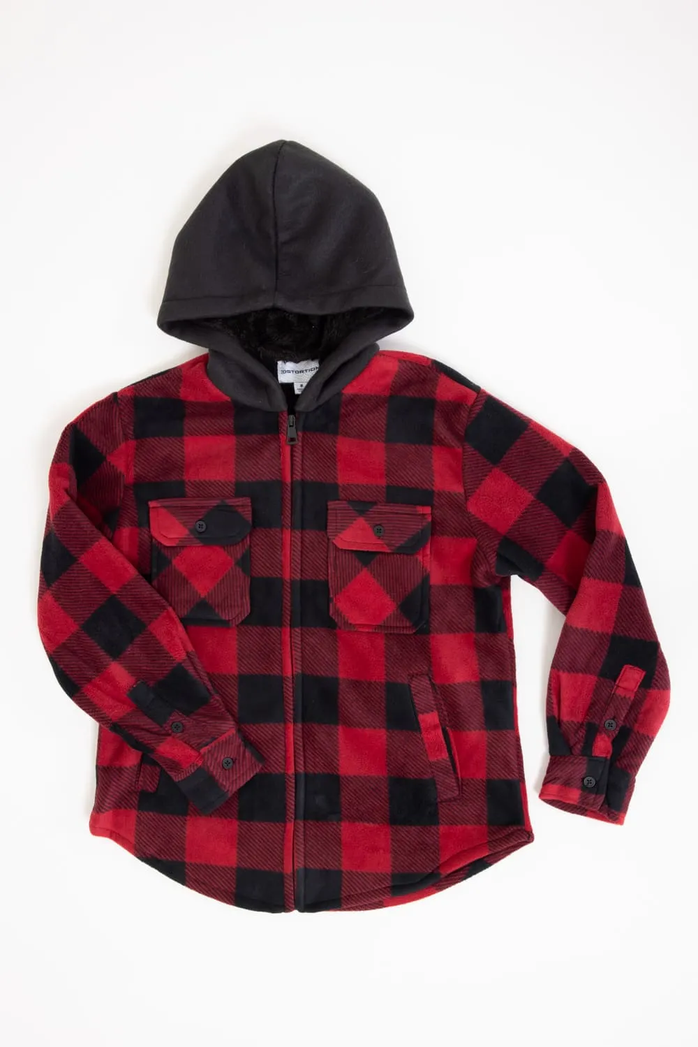 Plaid Youth Hooded Jacket with Sherpa Lining for Boys in Red/Black Plaid | 1PF5088B-REDPLD sold by Glik’s