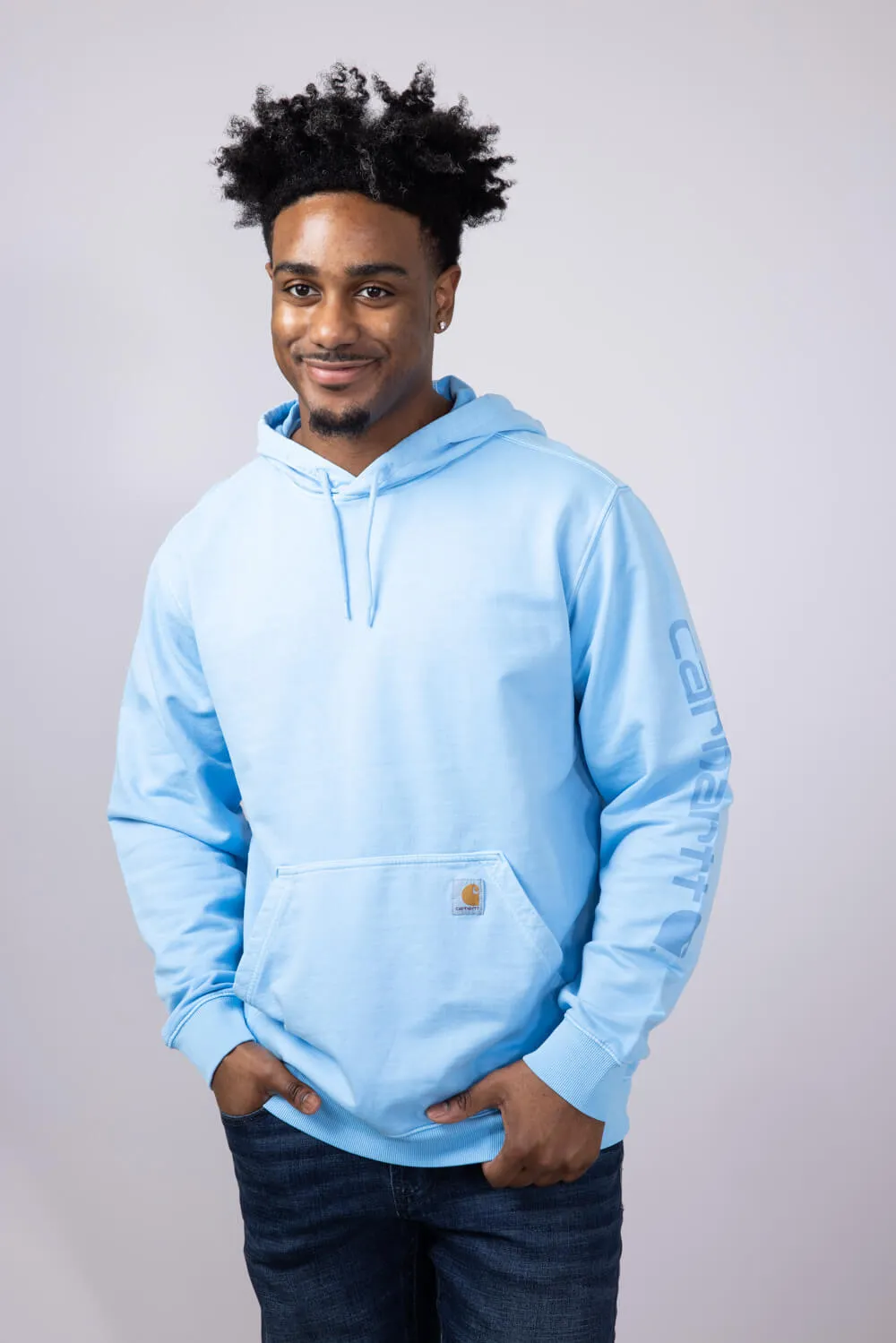 Carhartt Midweight Garment Dyed French Terry Graphic Hoodie for Men in Fresh Water | 106253-HL6-WATER sold by Glik’s