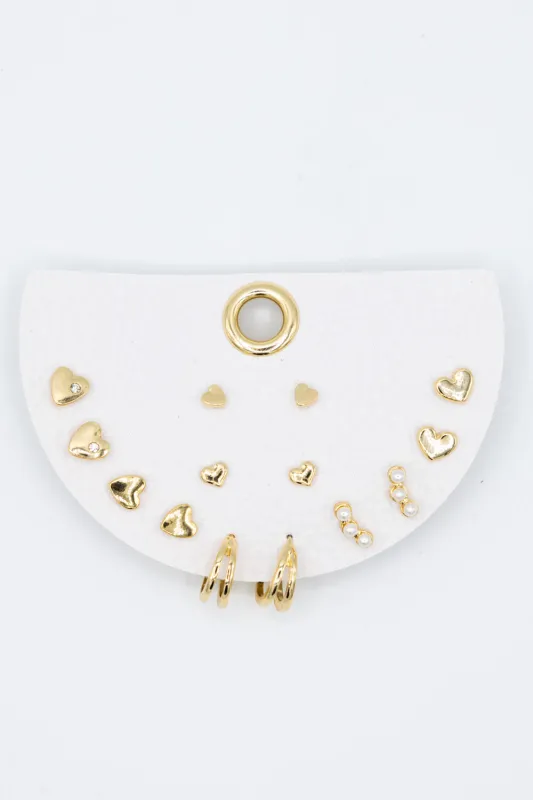 Seven Pair Stud Heart Earrings Set for Women in Gold | OEF043-GDCRM sold by Glik’s