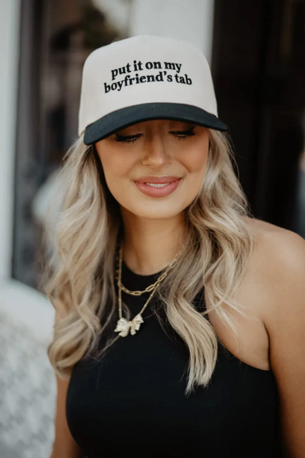 Put It On My Boyfriend’s Tab Trucker Hat for Women in Black/Tan | KDC-BC-1108-BLK-TAN sold by Glik’s