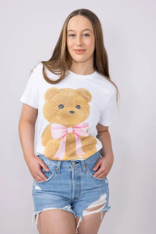 Teddy Bear Bow Graphic T-Shirt for Women in White | 32783X-TS-WHITE sold by Glik’s