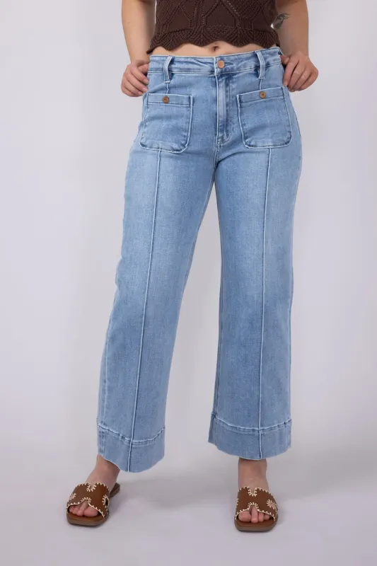 Risen Jeans High Rise Crop Wide Leg Exposed Stitch Jeans for Women | PWC21009-LT sold by Glik’s